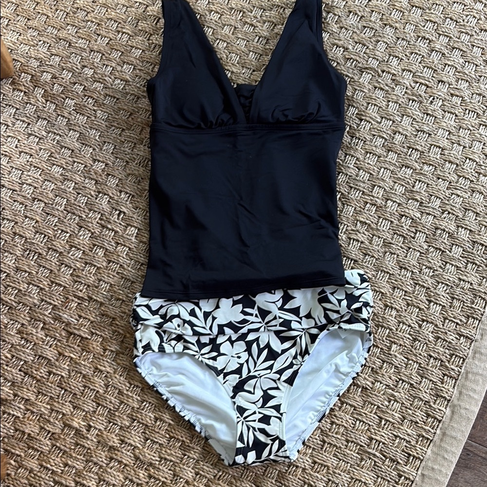 Lands' End Black Top with White Floral Tankini.